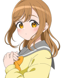 Rule 34 | 1girl, blush, bow, bowtie, brown hair, cardigan, closed mouth, commentary request, expressionless, from side, grey sailor collar, hands on own chest, highres, jenny (je2live), kunikida hanamaru, long hair, long sleeves, looking at viewer, love live!, love live! sunshine!!, orange bow, orange bowtie, own hands together, partial commentary, sailor collar, school uniform, serafuku, sidelocks, simple background, solo, swept bangs, upper body, uranohoshi school uniform, white background, winter uniform, yellow cardigan, yellow eyes