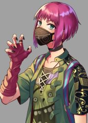 Rule 34 | 1girl, backpack, bag, black nails, bob cut, collarbone, commentary request, covered mouth, dead by daylight, elbow gloves, fingerless gloves, gloves, green jacket, grey background, jacket, looking at viewer, mask, minami ikkei, mouth mask, nail polish, nea karlsson, pink hair, shirt, short hair, short sleeves, solo, upper body