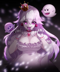 Rule 34 | 1girl, :d, absurdres, bad id, bad pixiv id, boo (mario), breasts, cleavage, colored sclera, colored skin, colored tongue, crown, detached collar, dress, earrings, furrowed brow, gloves, grey sclera, hair between eyes, hands up, hatchi, highres, jewelry, large breasts, long hair, looking at viewer, luigi&#039;s mansion, mario (series), new super mario bros. u deluxe, nintendo, open mouth, pink eyes, pointy ears, princess king boo, puffy short sleeves, puffy sleeves, purple tongue, sharp teeth, short sleeves, smile, super crown, teeth, tongue, tongue out, very long hair, white dress, white gloves, white hair, white skin