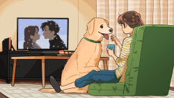 Rule 34 | 1girl, animal collar, black footwear, brown hair, collar, commentary request, cup, curtains, denim, dog, food, from behind, green collar, hair tie, hands up, highres, holding, holding cup, indoors, jeans, kojiro337, long hair, nintendo switch, original, pants, ponytail, shirt, sitting, snack, solo, striped clothes, striped shirt, table, television, watching television, wooden table