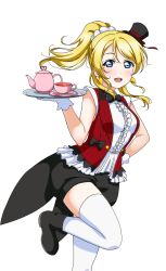 Rule 34 | 1girl, artist name, artist request, ayase eli, bare shoulders, birthday, black bow, black bowtie, black hat, black shorts, blonde hair, blue eyes, blush, boots, bow, bowtie, breasts, center frills, collared shirt, cup, dress shirt, earrings, female focus, floating hair, frills, gloves, hair between eyes, hair ornament, hair scrunchie, hand on own hip, happy birthday, hat, hat bow, high ponytail, holding, holding plate, jewelry, korekara no someday, long hair, looking at viewer, love live!, love live! school idol festival, love live! school idol festival after school activity, love live! school idol project, medium breasts, mini hat, official art, open mouth, parted lips, pinstripe pattern, pinstripe vest, plate, ponytail, puffy shorts, red bow, red vest, scrunchie, shirt, shoes, short hair, short shorts, shorts, sleeveless, sleeveless shirt, smile, solo, spoon, standing, standing on one leg, striped, striped bow, teacup, teapot, teaspoon, thighhighs, transparent background, vest, white background, white gloves, white scrunchie, white thighhighs
