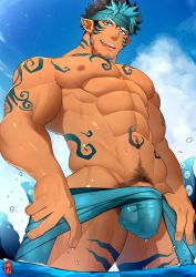 Rule 34 | 1boy, abs, aqua hair, aqua headband, arm tattoo, bad id, bad twitter id, bara, black hair, bulge, chest tattoo, cloud, day, facial hair, facial mark, headband, hidora art, highres, large pectorals, leg tattoo, looking at viewer, male focus, multicolored hair, muscular, muscular male, navel, nipples, official alternate costume, outdoors, partially submerged, pectorals, pointy ears, sky, solo, stomach tattoo, tangaroa (housamo), tangaroa mugen (housamo), tattoo, tokyo houkago summoners, tongue, tongue out, two-tone hair, water