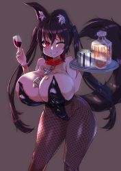 Rule 34 | 1girl, alcohol, animal ear fluff, bare shoulders, between breasts, black hair, blush, bottle, breasts, cleavage, collar, covered navel, cup, drinking glass, fang, fishnet pantyhose, fishnets, grey background, grin, highres, holding, holding tray, ice, ice bucket, kishin tatu, large breasts, leotard, long hair, looking at viewer, money, one eye closed, original, pantyhose, playboy bunny, poker chip, red eyes, shortstack, simple background, smile, solo, tail, thighs, tray, twintails, whiskey, wine, wine glass