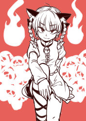 Rule 34 | 1girl, :3, absurdres, ahoge, animal ear fluff, animal ears, arm rest, bell, black ribbon, blunt bangs, bow, braid, bright pupils, cat ears, closed mouth, cowboy shot, dress, feet out of frame, fire, fire, greyscale with colored background, hair bow, hair ribbon, highres, hitodama, jingle bell, juliet sleeves, kaenbyou rin, knee up, leg ribbon, long sleeves, looking at viewer, monochrome, one-hour drawing challenge, oninamako, puffy sleeves, red theme, ribbon, shirt, sitting, skirt, skull, smile, solo, touhou, tress ribbon, tsurime, twin braids, twintails, v-shaped eyebrows, white pupils