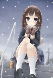 Rule 34 | 1girl, :o, bag, blazer, blue eyes, blush, box, brown hair, can, canned coffee, drink can, dutch angle, gift, gloves, jacket, long hair, looking at viewer, open mouth, original, panties, pantyshot, ryo (botugo), scarf, school bag, school uniform, sitting, sitting on stairs, skirt, snowing, solo, stairs, stais, underwear, upskirt, valentine, white panties