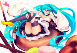 Rule 34 | 1girl, aqua eyes, aqua hair, asymmetrical footwear, bad id, bad pixiv id, blush, detached sleeves, dress, female focus, food, full body, hatsune miku, headphones, inayama, long hair, looking at viewer, mismatched footwear, one eye closed, pocky, sleeves past wrists, solo, thighhighs, thighs, torn clothes, torn thighhighs, twintails, very long hair, vocaloid, wink