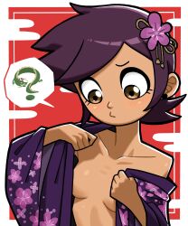 Rule 34 | 1girl, ?, absurdres, breasts, brown eyes, chinese zodiac, collarbone, dark-skinned female, dark skin, dragon, dressing, eastern dragon, floral print kimono, flower, hair flower, hair ornament, highres, japanese clothes, kimono, looking down, luz noceda, n k m, no bra, open clothes, open kimono, purple kimono, short hair, small breasts, solo, spoken question mark, the owl house, upper body, very short hair, year of the dragon