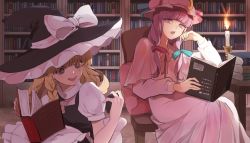 Rule 34 | 2girls, apron, black dress, black headwear, blonde hair, blue bow, book, bow, candle, chair, crescent, crescent hat ornament, dress, hand on own face, hand up, hat, hat ornament, highres, kerok (joniko1110), kirisame marisa, long hair, long sleeves, looking at another, multiple girls, open mouth, patchouli knowledge, pink dress, pink headwear, pink sleeves, purple bow, purple eyes, purple hair, reading, short sleeves, sitting, smile, touhou, white bow, white sleeves, witch hat, yellow eyes