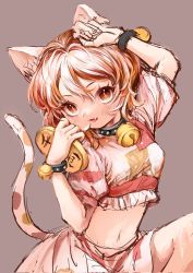 Rule 34 | 80isiiii, blouse, brown background, calico, cat girl, coin, gold, goutokuji mike, hair between eyes, heart, heart in eye, highres, koban (gold), multicolored shirt, neck bell, shirt, simple background, solo, symbol in eye, tagme, touhou, white shirt