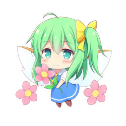 Rule 34 | 1girl, blue dress, blue eyes, brown footwear, chibi, collared shirt, daiyousei, dress, fairy wings, flower, green hair, holding, holding flower, long dress, lowres, natsu (927013), neck ribbon, pinafore dress, pink flower, ponytail, puffy short sleeves, puffy sleeves, ribbon, shirt, short dress, short hair, short sleeves, simple background, sleeveless dress, touhou, white background, wings