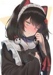 Rule 34 | 1girl, absurdres, animal ears, black dress, black hair, blush, closed mouth, commentary, dated, dog ears, dress, embarrassed, flower, hair between eyes, hair flower, hair ornament, heterochromia, highres, holding, holding own hair, inui toko, lips, long hair, looking away, looking to the side, maid, maid headdress, nijisanji, orange background, red eyes, rushian, simple background, solo, twintails, twitter username, two-tone background, upper body, virtual youtuber, wa maid, white background, wide sleeves, yellow eyes
