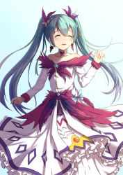 Rule 34 | 1girl, byakuya reki, dress, earrings, closed eyes, female focus, hatsune miku, heart, jewelry, long hair, revision, solo, strapless, strapless dress, tears, twintails, vocaloid, white background