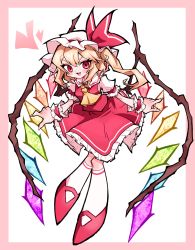 Rule 34 | 1girl, :d, absurdres, ascot, blonde hair, blush, border, cocokana, collared shirt, commentary, crystal, diamond-shaped pupils, diamond (shape), english commentary, fang, flandre scarlet, frilled skirt, frilled sleeves, frills, full body, hat, hat ribbon, heart, highres, kneehighs, long hair, looking at viewer, mary janes, mob cap, one side up, open mouth, pink border, puffy short sleeves, puffy sleeves, red eyes, red footwear, red ribbon, red skirt, red vest, ribbon, shirt, shoes, short sleeves, skin fang, skirt, smile, socks, solo, symbol-shaped pupils, touhou, v-shaped eyebrows, vest, white background, white hat, white shirt, white socks, wings, wrist cuffs, yellow ascot