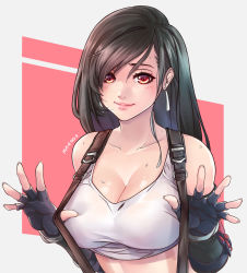 Rule 34 | 1girl, bare shoulders, black skirt, breasts, brown hair, cleavage, closed mouth, earrings, final fantasy, final fantasy vii, final fantasy vii remake, fingerless gloves, gloves, jewelry, large breasts, long hair, looking at viewer, low-tied long hair, midriff, pencil skirt, shirt, skirt, smile, suspender skirt, suspenders, swept bangs, tank top, taut clothes, taut shirt, tifa lockhart, washout008