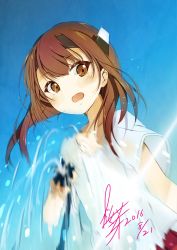 Rule 34 | 10s, 1girl, 2016, bad id, bad pixiv id, brown eyes, brown hair, dated, hair between eyes, headgear, hose, kantai collection, looking at viewer, open mouth, pointing, pointing at viewer, sakurame (hitomebore), sakurame kurame, shirt, short hair, signature, solo, t-shirt, taihou (kancolle), upper body, water
