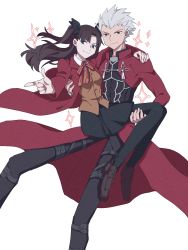 Rule 34 | 1boy, 1girl, archer (fate), arm around neck, black bow, black pants, black pantyhose, black skirt, blue eyes, bow, brown eyes, brown hair, brown vest, carrying, closed mouth, coat, collared shirt, fate/stay night, fate (series), floating hair, grey hair, hair bow, highres, homurahara academy school uniform, long hair, long sleeves, looking at viewer, miniskirt, neck ribbon, open clothes, open coat, pants, pantyhose, pleated skirt, princess carry, red coat, red ribbon, ribbon, school uniform, shirt, short hair, skirt, smile, smug, spiked hair, tohsaka rin, twintails, user gvjr7435, vest, white background, white shirt, wing collar