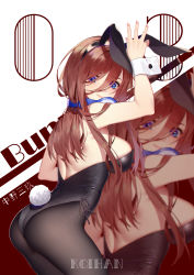Rule 34 | 1girl, absurdres, alternate costume, animal ears, arched back, arm up, ass, back, bare shoulders, black pantyhose, blue eyes, breasts, brown hair, closed mouth, fake animal ears, go-toubun no hanayome, hair between eyes, headphones, headphones around neck, highres, koi han, large breasts, leotard, long hair, looking at viewer, nakano miku, pantyhose, playboy bunny, rabbit ears, rabbit tail, sideboob, smile, tail, wrist cuffs