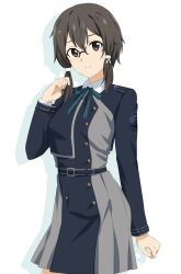 Rule 34 | 1girl, asada shino, belt, black hair, blue belt, blue dress, breasts, closed mouth, collared shirt, commentary request, cosplay, dars (recolors), dress, glasses, green ribbon, grey dress, highres, inoue takina, inoue takina (cosplay), long hair, long sleeves, looking at viewer, lycoris recoil, lycoris uniform, medium breasts, neck ribbon, pleated dress, ribbon, shirt, short hair, simple background, solo, standing, sword art online, two-tone dress, white background, white shirt