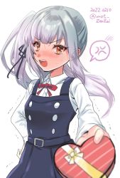 Rule 34 | 1girl, anger vein, black dress, black ribbon, blush, box, brown eyes, commentary request, dated, dress, gift, gift box, grey hair, hair between eyes, hair ribbon, hand on own hip, heart-shaped box, highres, holding, holding gift, kantai collection, kasumi (kancolle), kasumi kai ni (kancolle), long hair, long sleeves, mot zenzai, nose blush, one-hour drawing challenge, open mouth, ponytail, ribbon, shirt, side ponytail, simple background, solo, spoken anger vein, sweat, trembling, tsundere, twitter username, upper body, valentine, very long hair, white background, white shirt