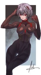 1girl, ayanami rei, black bodysuit, blue hair, bodysuit, evangelion: 3.0 you can (not) redo, expressionless, framed, highres, interface headset, looking at viewer, neon genesis evangelion, nsoll, pilot suit, plugsuit, rebuild of evangelion, red eyes, short hair, sign, solo