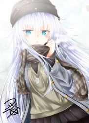 Rule 34 | 1girl, adjusting scarf, alternate costume, beanie, black hat, black skirt, blue eyes, blue hair, blush, breath, brown scarf, coat, dutch angle, expressionless, grey coat, grey sweater, hair between eyes, hat, hibiki (kancolle), jewelry, kantai collection, lips, long hair, long sleeves, looking at viewer, necklace, open clothes, open coat, plaid, plaid scarf, plaid skirt, pleated skirt, scarf, signature, skirt, solo, straight hair, sweater, tsurime, unbuttoned, unmoving pattern, upper body, very long hair, winter clothes, winter coat, yua (checkmate)