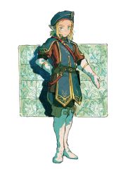 Rule 34 | 1boy, belt, blonde hair, blue eyes, blue hat, boots, earrings, full body, gloves, hat, highres, jewelry, lingcod dayu, link, low ponytail, male focus, nintendo, official alternate costume, pointy ears, royal guard set (zelda), short ponytail, sidelocks, simple background, smile, solo, standing, the legend of zelda, the legend of zelda: breath of the wild, thigh boots, thighhighs, triforce, white footwear, white gloves