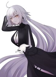 1girl ahoge black_dress black_nails breasts closed_mouth commentary_request dress earrings fate/grand_order fate_(series) fingernails floating_hair grey_hair highres jeanne_d&#039;arc_alter_(fate) jeanne_d&#039;arc_alter_(flames_of_applause)_(fate) jewelry large_breasts long_hair looking_at_viewer official_alternate_costume reaching reaching_towards_viewer roro_982 simple_background smile solo very_long_hair white_background