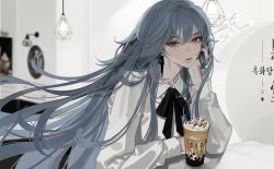 Rule 34 | 1girl, black hair, casual, eriol s2, fashion, fu hua, fu hua (herrscher of sentience), hair between eyes, hand on own cheek, hand on own face, honkai (series), honkai impact 3rd, indoors, lipstick, long hair, long sleeves, looking at viewer, makeup, milk tea, nose, official art, promotional art, red eyes, solo, table