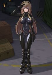 Rule 34 | 1girl, arm at side, armored bodysuit, black bodysuit, blonde hair, blue eyes, bodysuit, box, breasts, container, covered navel, fortified suit, hairband, hangar, headgear, highres, impossible bodysuit, impossible clothes, irisdina bernhard, kurione (zassou), large breasts, long hair, looking at viewer, muv-luv, muv-luv alternative, salute, schwarzesmarken, shadow, shiny clothes, skin tight, solo