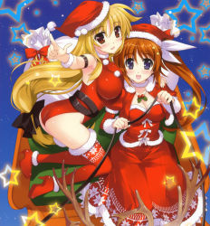 Rule 34 | 2girls, ass, bag, blonde hair, blush, breasts, brown hair, christmas, cleavage, couple, fate testarossa, fujima takuya, hair ornament, hand on another&#039;s shoulder, happy, hat, high heels, highres, kneeling, large breasts, long hair, looking at viewer, lyrical nanoha, mahou shoujo lyrical nanoha, mahou shoujo lyrical nanoha vivid, multiple girls, official art, pointing, purple eyes, red eyes, ribbon, sack, santa hat, side ponytail, sitting, sleigh, smile, star (symbol), takamachi nanoha, thighhighs, thighs, very long hair