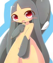 Rule 34 | 1girl, black hair, blue background, blush, collarbone, creatures (company), extra mouth, female focus, game freak, gen 3 pokemon, hand up, kaceuth, long hair, looking at viewer, mawile, nintendo, no humans, open mouth, pokemon, pokemon (creature), pokemon rse, red eyes, simple background, solo, standing, two-tone background