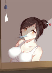 Rule 34 | 1girl, bare shoulders, beads, blush, breasts, brown eyes, brown hair, cleavage, collarbone, covered erect nipples, dripping, eyebrows, food, hair bun, hair ornament, hair stick, hot, large breasts, looking at viewer, mei (overwatch), mouth hold, no eyewear, o-yatsu, overwatch, overwatch 1, popsicle, shirt, short hair, sidelocks, single hair bun, snowflake hair ornament, solo, sweatdrop, tank top, upper body, white shirt, wind chime