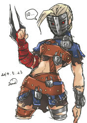 Rule 34 | 1girl, absurdres, ahoge, alternate costume, arm blade, asymmetrical clothes, belt, blonde hair, chain, cropped legs, decapre, highres, huge ahoge, lock, man in the iron mask, mask, medieval, multiple belts, padlock, parody, pteruges, red eyes, samidare satsuki, skirt, solo, street fighter, street fighter iv (series), weapon