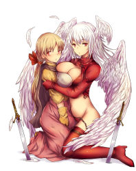 Rule 34 | 2girls, alma beoulve, angel wings, boots, breast press, breasts, brown hair, cleavage, feathers, final fantasy, final fantasy tactics, hair ribbon, head wings, hug, kara (color), kneeling, large breasts, long hair, low ponytail, multiple girls, panties, parted lips, planted, planted sword, planted weapon, red eyes, red legwear, red panties, ribbon, simple background, sword, symmetrical docking, thigh boots, thighhighs, ultima (fft), underwear, weapon, white hair, wings