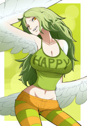 Rule 34 | 1girl, bare shoulders, breasts, cleavage, donquixote pirates, female focus, green hair, harpy, highres, large breasts, long hair, midriff, monet (one piece), monster girl, navel, one piece, punk hazard, solo, striped legwear, yellow eyes