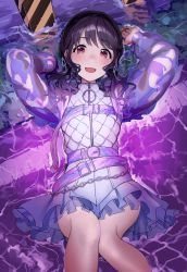 Rule 34 | 1girl, absurdres, arms behind head, belt, black hair, blush, chain, fangs, feet out of frame, fukumaru koito, highres, idolmaster, idolmaster shiny colors, knees together feet apart, long belt, looking at viewer, low twintails, lying, multiple belts, on back, open mouth, partially submerged, pleated skirt, purple belt, purple sleeves, red eyes, road, see-through, see-through sleeves, shirt, skin fangs, skirt, smile, solo, street, tareme, twintails, uouokuma, water, wavy hair, white shirt, white skirt, zipper, zipper pull tab