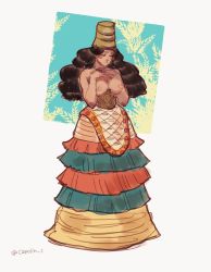 Rule 34 | 1girl, ancient greek clothes, black hair, blush, breasts, brown hat, capelin s, closed eyes, dress, full body, greco-roman clothes, hands up, hat, highres, large breasts, long hair, minoan clothes, nipples, original, solo, standing, twitter username