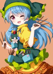 Rule 34 | 1girl, apron, blue hair, brown background, dress, flower, from side, green apron, green headwear, hair between eyes, haniyasushin keiki, head scarf, highres, holding, jewelry, long hair, looking at viewer, magatama, magatama necklace, necklace, one eye closed, open mouth, pink flower, pocket, purple eyes, ruu (tksymkw), short sleeves, simple background, single strap, smile, solo, standing, tools, touhou, wood carving tool, yellow dress
