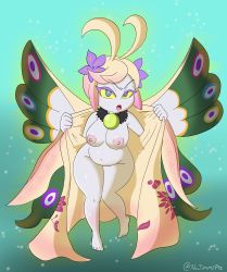Rule 34 | 1girl, absurdres, arthropod girl, artist request, breasts, butterfly wings, commission, flower, flower on head, full body, glowing, hair ornament, highres, insect wings, kyokuyokufu, looking at viewer, medium breasts, monster girl, nipples, nude, robe, shortstack, source request, thick thighs, thighs, undressing, wide hips, wings, youkai sangokushi, youkai watch