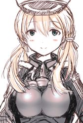Rule 34 | 10s, 1girl, anchor hair ornament, blonde hair, blue eyes, blush stickers, breasts, hair ornament, hair ribbon, kantai collection, large breasts, long hair, long sleeves, looking at viewer, military, military uniform, prinz eugen (kancolle), ribbon, simple background, smile, solo, taut clothes, unidama (ukidama), uniform, white background