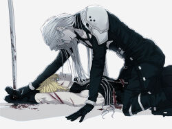 Rule 34 | 2boys, armor, black jacket, blonde hair, blood, blood on clothes, blood on face, bloody weapon, blue eyes, chest strap, cloud strife, commentary request, final fantasy, final fantasy vii, gloves, green eyes, grey hair, haagi123, high collar, holding, injury, jacket, long bangs, long hair, male focus, multiple boys, pants, pauldrons, pinned, sephiroth, shoulder armor, sleeveless, sleeveless turtleneck, smile, sword, turtleneck, weapon, yaoi