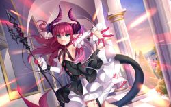 Rule 34 | 1girl, :d, architecture, armpits, black dress, blue eyes, breasts, day, detached sleeves, dragon horns, dragon tail, dress, elizabeth bathory (fate), elizabeth bathory (fate/extra ccc), fang, fate/grand order, fate (series), floating hair, gothic architecture, highres, holding, holding polearm, holding spear, holding weapon, horns, long hair, long sleeves, looking at viewer, open mouth, outstretched arm, pillar, polearm, red hair, small breasts, smile, solo, spear, standing, sunlight, tail, v-shaped eyebrows, weapon, yue xiao e