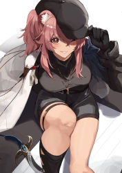 Rule 34 | 1girl, animal ear fluff, animal ears, arigiep, arknights, black gloves, black hat, black shirt, black shorts, black socks, blush, breasts, cabbie hat, cape, commentary request, gloves, gravel (arknights), gravel (modeling night) (arknights), hair between eyes, hat, high-waist shorts, highres, jewelry, kneehighs, large breasts, long hair, looking at viewer, mouse ears, necklace, official alternate costume, one eye closed, orange eyes, pink hair, ponytail, shirt, shorts, sidelocks, simple background, sitting, socks, solo, weapon, white cape