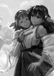 Rule 34 | 10s, 2girls, arm around shoulder, detached sleeves, doyora, closed eyes, greyscale, haruna (kancolle), headgear, hiei (kancolle), kantai collection, monochrome, multiple girls, nontraditional miko, sketch, smile