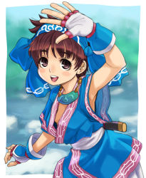 Rule 34 | 1girl, ainu clothes, arm up, armpit peek, bad id, bad pixiv id, blue hairband, blue kimono, blush, breasts, brown eyes, brown hair, child, downblouse, fingerless gloves, gloves, hairband, japanese clothes, kimono, looking at viewer, open mouth, rimururu, samurai spirits, sash, small breasts, smile, snk, solo, stupa13a, teeth, upper teeth only, wrist guards