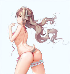 Rule 34 | 1girl, arknights, back, bare back, bikini, bridal garter, brown hair, cowboy shot, eyjafjalla (arknights), from behind, goat girl, goat horns, goat tail, hd-hlh-3h, highres, horns, leaning forward, long hair, looking at viewer, looking back, notice lines, panties, parted lips, pink bikini, profile, red bikini, red eyes, side-tie bikini bottom, side-tie panties, simple background, skindentation, solo, swimsuit, thong bikini, underwear, untied bikini, white background
