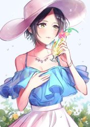 Rule 34 | 1girl, black hair, blue shirt, bracelet, breasts, cleavage, collarbone, cup, drinking straw, earrings, hat, hayami kanade, holding, holding cup, idolmaster, idolmaster cinderella girls, jewelry, looking at viewer, mairo, necklace, pink hat, shirt, short hair, signature, skirt, small breasts, solo, standing, sun hat, white skirt, yellow eyes