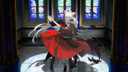 Rule 34 | 2girls, :d, absurdly long hair, absurdres, black eyes, black footwear, black hair, black jacket, black pants, black suit, bow, collared shirt, commentary request, dancing, dress, formal, fujiwara no mokou, full body, hair bow, high heels, highres, holding hands, houraisan kaguya, indoors, jacket, jiege, long hair, long sleeves, multiple girls, open mouth, pants, pillar, ponytail, red dress, red eyes, red footwear, shirt, shoes, smile, suit, tile floor, tiles, touhou, very long hair, white bow, white shirt, window, yuri