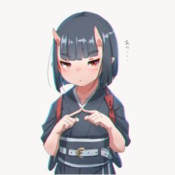 Rule 34 | 1girl, :o, black hair, black kimono, bob cut, chromatic aberration, collarbone, commentary request, fingers together, grey background, highres, horns, japanese clothes, kimono, kuro kosyou, looking at viewer, obi, oni, oni horns, original, parted lips, red eyes, sash, short hair, short sleeves, simple background, solo, thick eyebrows, translation request, upper body, wide sleeves