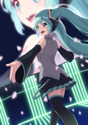 Rule 34 | 1girl, :d, bare shoulders, black skirt, black thighhighs, blush, bright pupils, commentary, detached sleeves, eyebrows hidden by hair, feet out of frame, floating hair, foreshortening, from behind, green eyes, green hair, grey shirt, hair between eyes, happy, hatsune miku, highres, light particles, long hair, long sleeves, looking at viewer, looking back, miku day, miniskirt, open mouth, outstretched arms, pleated skirt, shirt, skirt, sleeveless, sleeveless shirt, smile, solo, standing, teeth, thighhighs, twintails, upper teeth only, very long hair, vocaloid, wide sleeves, yasuba yuichi, zettai ryouiki